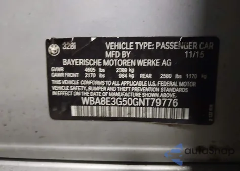 2016 BMW 328I xDrive z USA, uszkodzony, nr VIN WBA8E3G50GNT79776